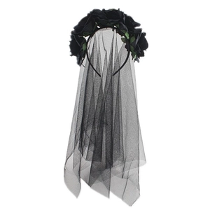 Close-up of Gothic black rose headband with long mesh veil for Halloween party costume