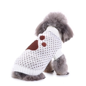 White knitted dog sweater with brown paw print and high neck for small pets