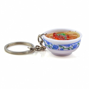 Miniature blue and white porcelain bowl noodle keychain with realistic resin food model
