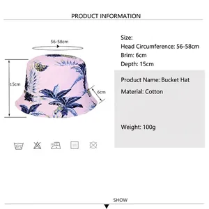 Unisex cotton bucket hat with tropical leaf print and detailed size measurement chart