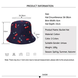 Unisex cotton bucket hat with cherry print and size chart showing 56-58cm circumference