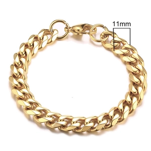 Classic 11mm wide gold plated stainless steel Cuban link bracelet for men with flat cut