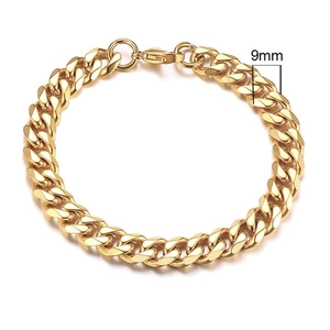Detail of 9mm gold-plated stainless steel Cuban link bracelet with lobster clasp closure