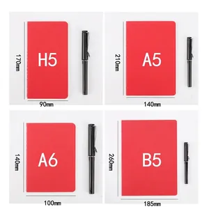 Notebook size guide showing A5, A6, B5 and H5 dimensions with a reference pen in 4-grid layout