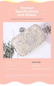 Detail of evening clutch with Baroque rhinestones, pearls, and metal floral clasp