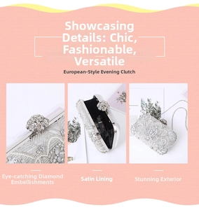 Detailed close-up of sparkling rhinestone patterns and satin lining on silver dinner clutch