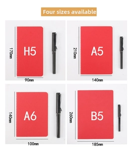 Size comparison chart for A5, A6, B5, and H5 colorful notebooks with measurements and pen scale