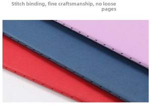 Detail showing high-quality thread-bound spine of notebooks in red blue and purple