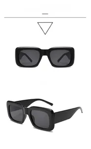 Front and side views of rectangular black frame sunglasses with dark gray lenses