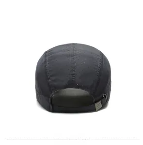 Detail of dark grey quick-dry baseball cap with breathable mesh and adjustable buckle