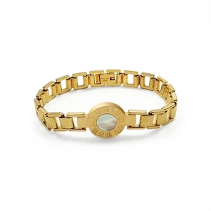 Golden stainless steel Roman numeral bracelet with mother of pearl inlay for women
