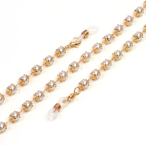 6mm pearl golden eyeglass chain and necklace with white pearls on white background