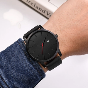 Minimalist all-black quartz watch for men with red second hand and date display feature