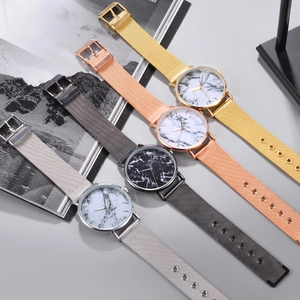 Fashionable men's quartz watches with marble pattern dial and mesh band in four colors