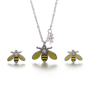 Titanium steel honey bee jewelry set with white zircon and yellow enamel necklace and studs