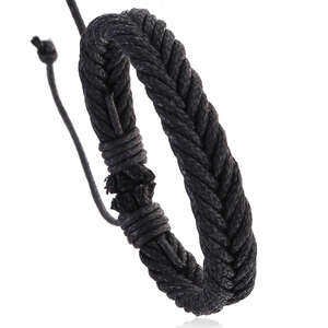 Handmade black woven wax rope bracelet with adjustable fishtail braid for men and women