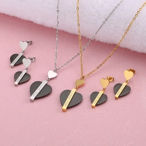 Collier Et Boucles D'oreilles Cœur Acier Inoxydable Noir Pendentif Cœur Gravé I Love You Cadeau Romantique Femmes