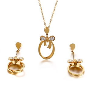 Stainless Steel Bowknot Necklace Earrings Jewelry Collection Rhinestone Bow Pendant Fashion Accessories Gift Women