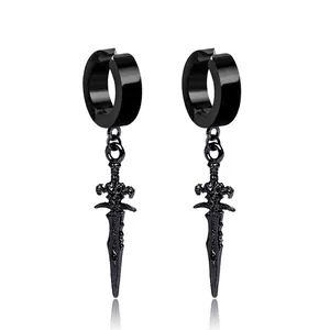 Stainless Steel Sword Dagger Pendant Hoop Clip On Earrings Punk Gothic Hip Hop Unisex Jewelry Black Silver Metallic