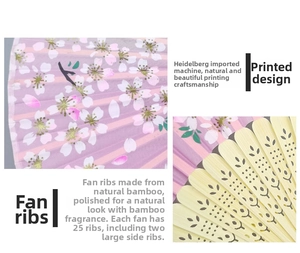 Detail of lavender cherry blossom print and 25-rib natural green bamboo fan frame