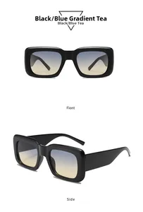 Detail view of retro square sunglasses featuring black glossy frames and blue tea gradient lenses