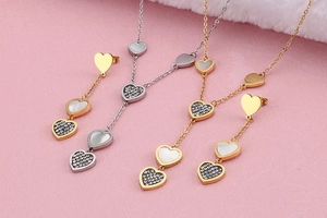 Detailed close-up of heart-shaped jewelry set with mother of pearl and crystals
