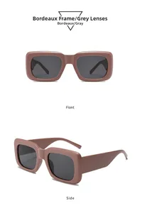 Detail view of retro bordeaux rectangle sunglasses with gray lenses from front and side angles