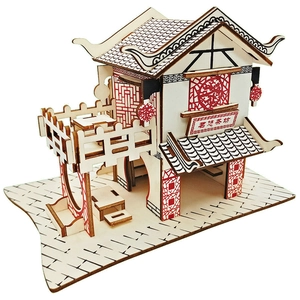 Detailed 3D wooden puzzle model of a traditional Chinese teahouse with red accents