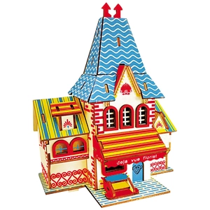 3D wooden puzzle house with colorful European style architecture for children DIY