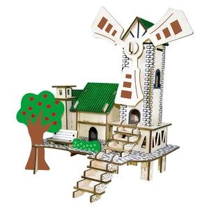 Detailed view of DIY 3D wooden windmill puzzle model with green roof and a small tree