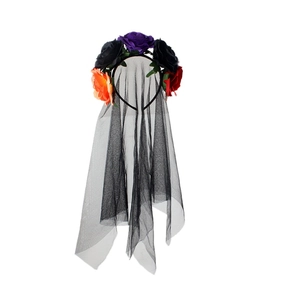 Detail of Halloween rose floral headband with black lace mesh veil and vibrant petals
