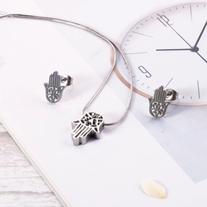 Hamsa Hand and Tree of Life stainless steel necklace and earrings jewelry set in silver