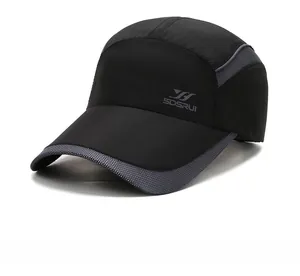 Side view of black and gray mesh sports baseball cap with breathable fabric details