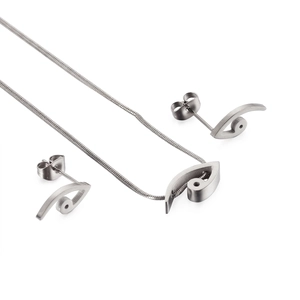 Minimalist silver jewelry set featuring abstract bird eye pendants and snake chain