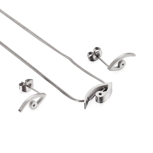 Abstract geometric eye-shaped stainless steel necklace and earrings jewelry set in silver