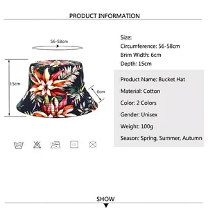 Cappello a secchiello in cotone reversibile con stampa floreale tropicale e misure