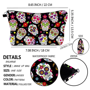 Detailed size chart and waterproof fabric close-up for the skull pattern makeup bag