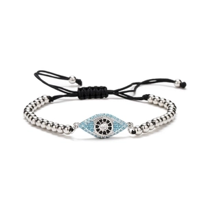 Silver beaded Evil Eye bracelet with blue zircon stones and adjustable black cord