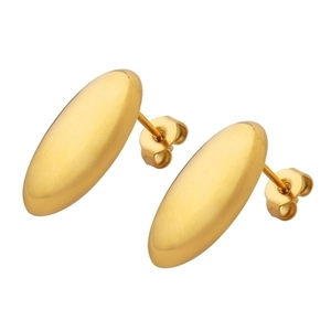 Minimalist 18K gold plated stainless steel oval rice grain stud earrings on white background