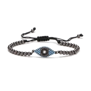 Adjustable evil eye beaded bracelet with copper micro-pave zirconia and braided cord