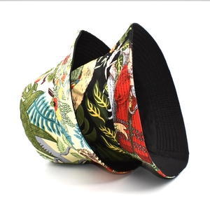 Detail of printed bucket hat with high-quality canvas fabric and reinforced brim stitching