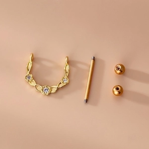 Golden stainless steel nipple bar with zircon wings and heart shaped leaf design