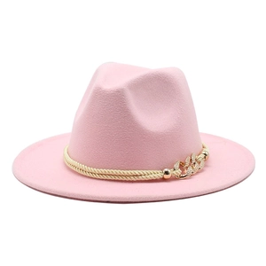 Chapeau Fedora en feutre de laine rose avec cordelette dorée et boucle ornée pour femme