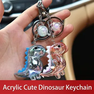 Iridescent acrylic dinosaur keychain set with colorful laser effect for car keys