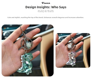 Detailed macro view of colorful acrylic dinosaur keychains with glitter charms