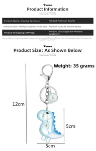 Detailed view of colorful acrylic dinosaur keychain with 12cm size measurements and ball charm