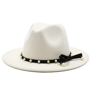 Elegant white wool fedora hat with black pearl chain ribbon and velvet bow tassel