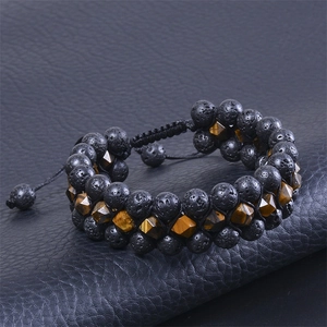 Triple-row lava rock and tiger eye stone bracelet with adjustable braided black cord