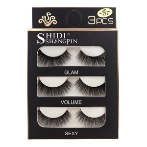 Detailed set of 3D synthetic eyelashes including Glam, Volume and Sexy styles in a box