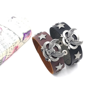 Bracelet en cuir aigle rétro avec clous étoiles en noir et marron, style punk rock